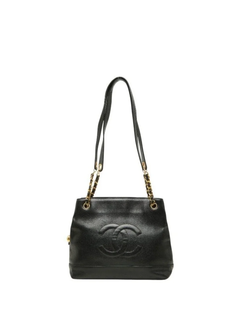 Chanel CC Logo Chain Tote Shoulder Bag Black Caviar Leather
